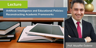 Photo collage: Portrait photo of Prof. Muzaffer Özdemir on the right side, on the left side books and a tablet on a table