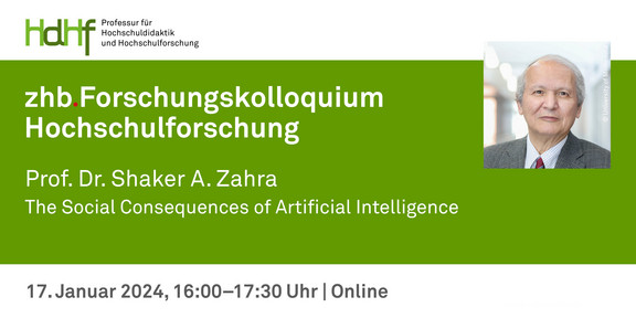 Ankündigung des Vortrags von Prof. Dr. Shaker A. Zahra Ankündigungskarte des Vortrags mit einem Porträtfoto von Prof. Dr. Shaker A. Zahra