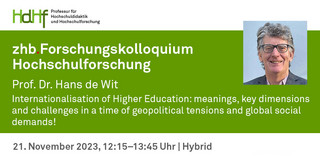 Ankündigung des Vortrags von Prof. Dr. Hans de Wit Ankündigungskarte des Vortrags mit einem Porträtfoto von Prof. Dr. Hans de Wit