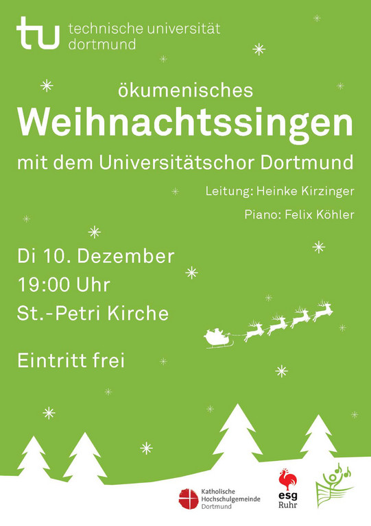 Einladung zum Weihnachtssingen, weiße Schrift auf grünem Hintergrund.