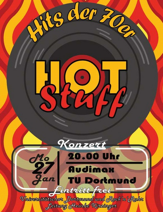 Langspielplatte mit Text "Hits der 70er, Hot Stuff" auf orange-gelb gemustertem Hintergrund