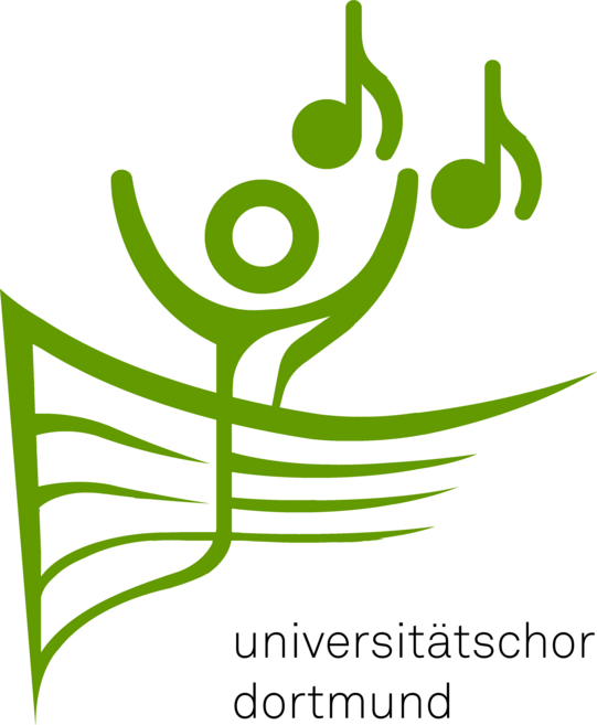 Geschwungene Notenlinien. Anstelle des Violinschlüssels ein angedeutetes Strichmännchen. Oben rechts zwei Viertelnoten.