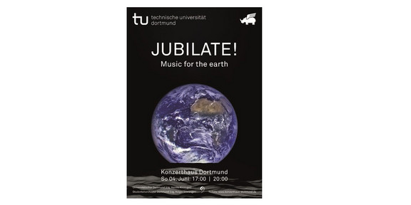Blaue Erdkugel auf schwarzem Hintergrund. Weißer Titel: Jubilate!