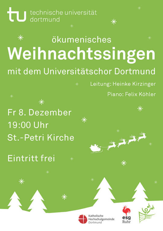 Plakat zum Weinachtssingen zeigt weiße Tannen und einen weißen Santa mit Rentierschlitten vor grünem Hintergrund