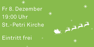 Plakat zum Weinachtssingen zeigt weiße Tannen und einen weißen Santa mit Rentierschlitten vor grünem Hintergrund