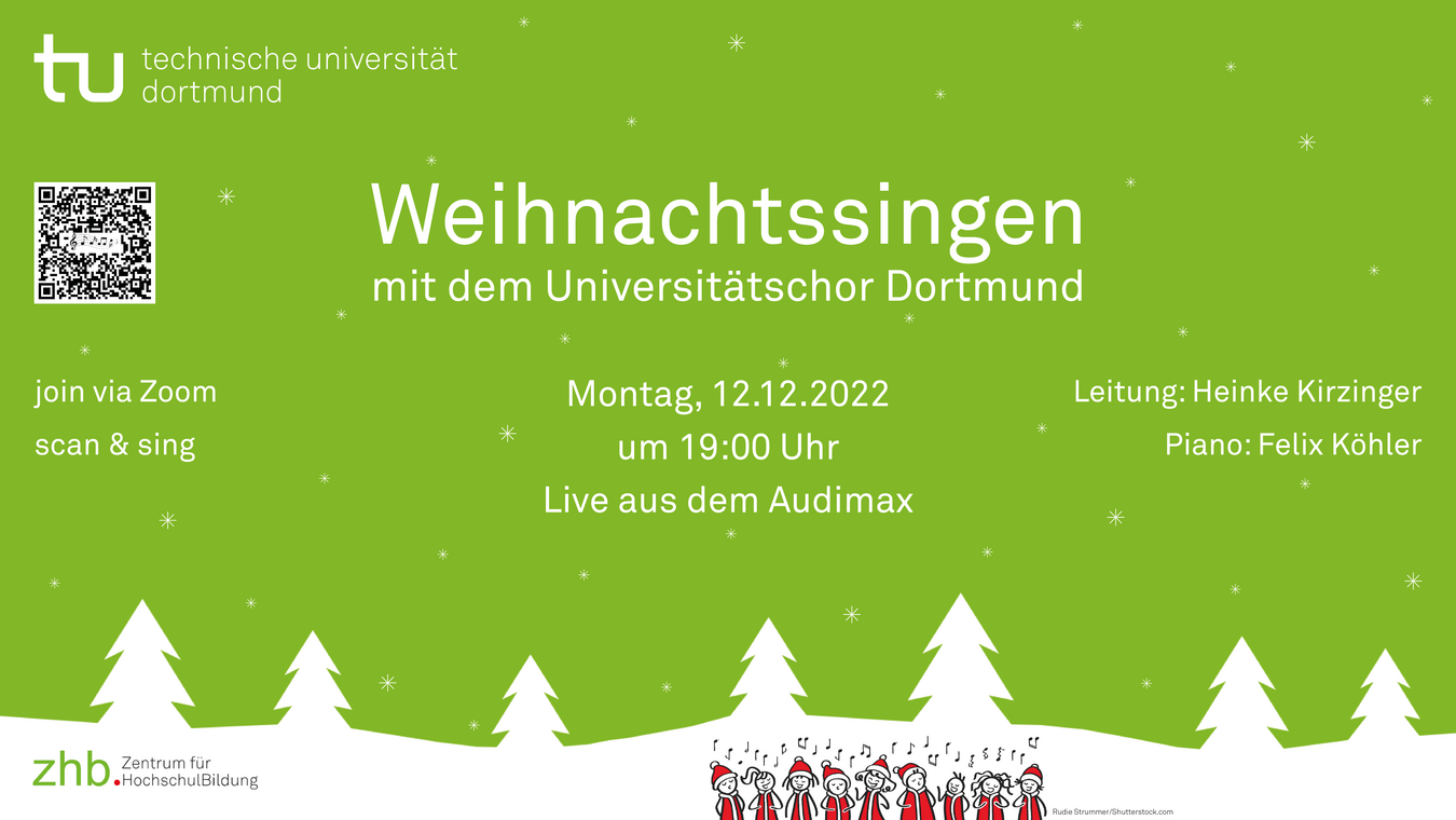 Werbeplakat des Unichors zum Weihnachtssingen zeigt weiße Tannenbäume vor grünem Hintergrund und die Zeichnung einer verkleideten Chorgruppe