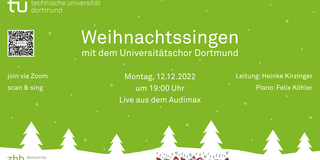 Werbeplakat des Unichors zum Weihnachtssingen zeigt weiße Tannenbäume vor grünem Hintergrund und die Zeichnung einer verkleideten Chorgruppe