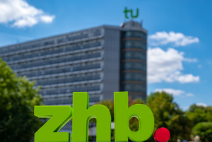 Picture shows zhb logo in front of Mathe tower